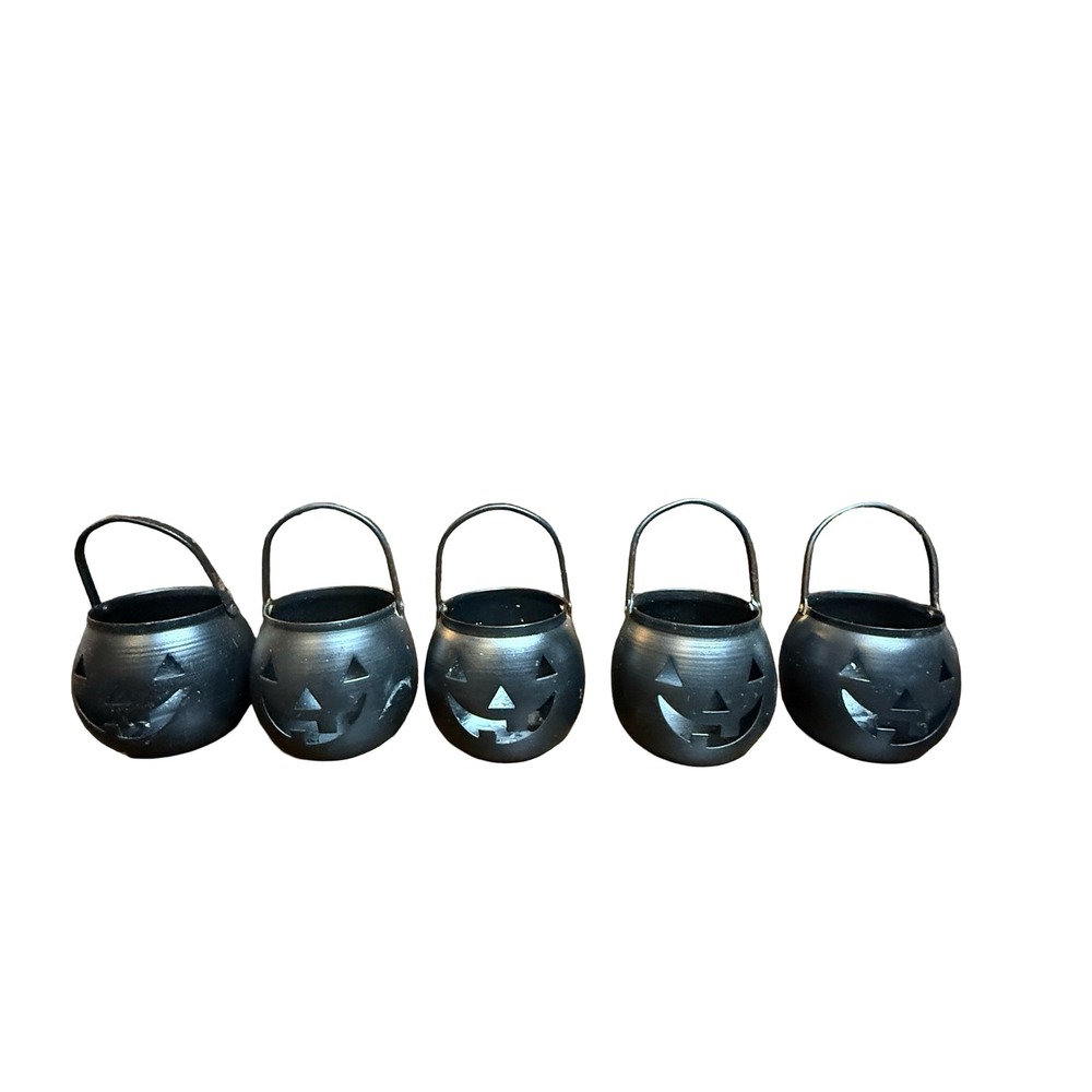 Vintage Halloween Hosley USA‎ Black Jack O Lantern Cauldrons Set of 5 Tealight